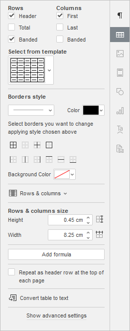 Right Sidebar - Table Settings