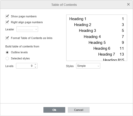 Table of Contents settings window