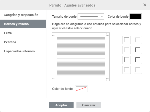 Ajustes avanzados de párrafo - bordes y relleno