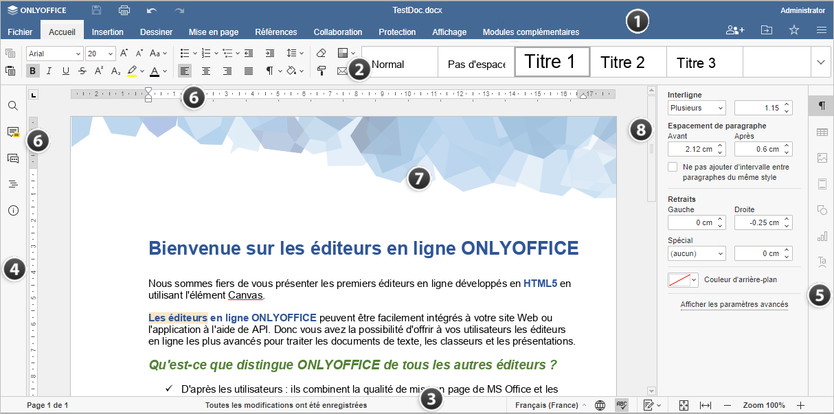 Fenêtre de l'éditeur de documents en ligne