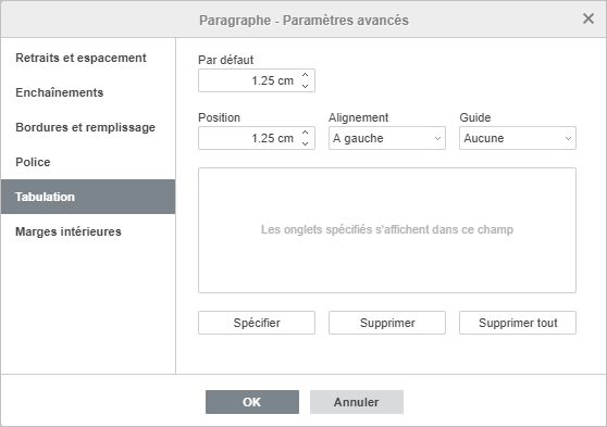 Paramètres du paragraphe - onglet Tabulation