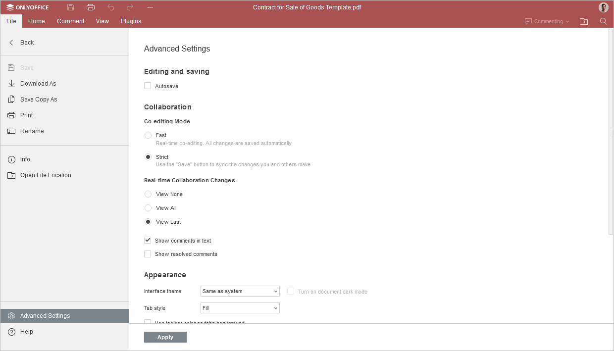 Advanced settings - Collaboration