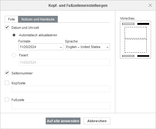 Notizen und Handouts - Einstellungen