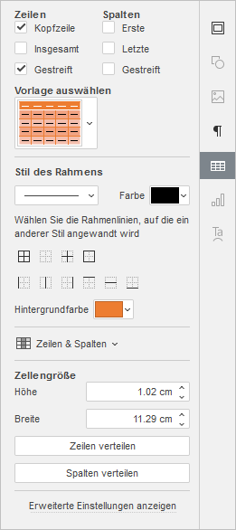 Registerkarte Tabelleneinstellungen