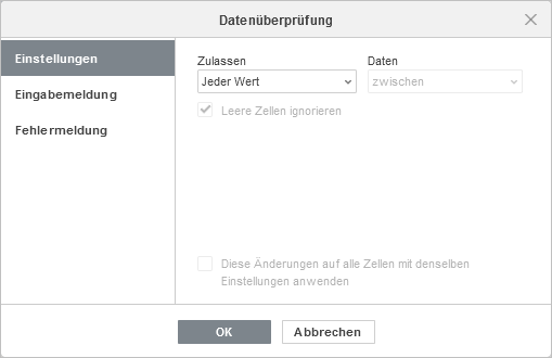 Datenüberprüfung - Einstellungen