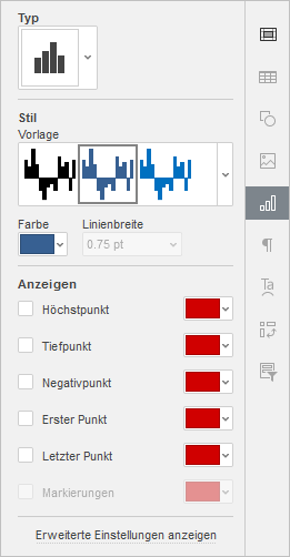 Dialogfenster Diagrammeinstellungen rechte Seitenleiste