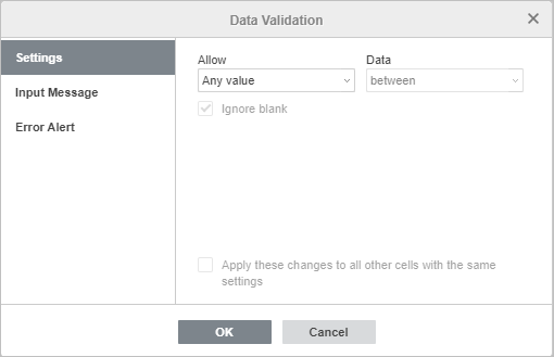 Data validation - settings window