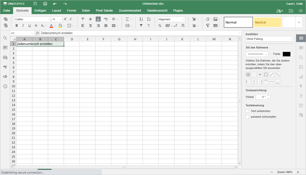 Zeilenumbruch in Excel Schritt 1
