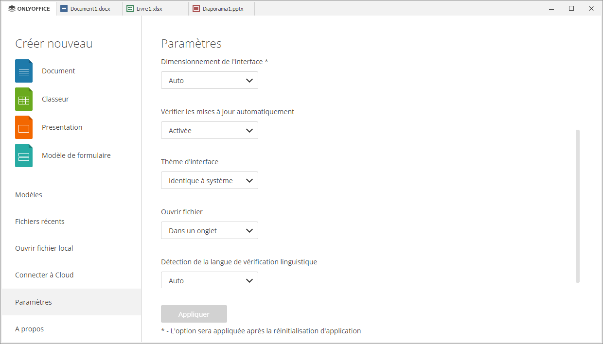 Paramètres de l'application