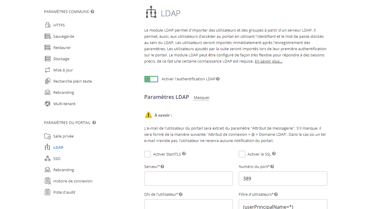 Paramètres LDAP - utilisateurs