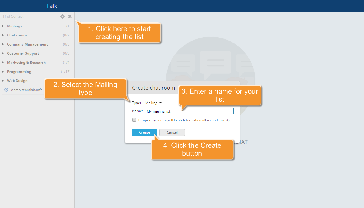 How to create a mailing list in Talk? Step 2