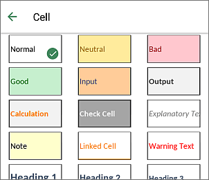 Cell styles palette