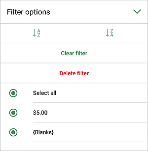 Filter Options panel