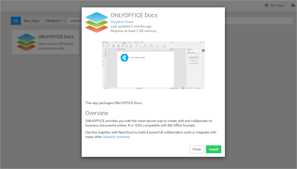 Install ONLYOFFICE Docs in Cloudron